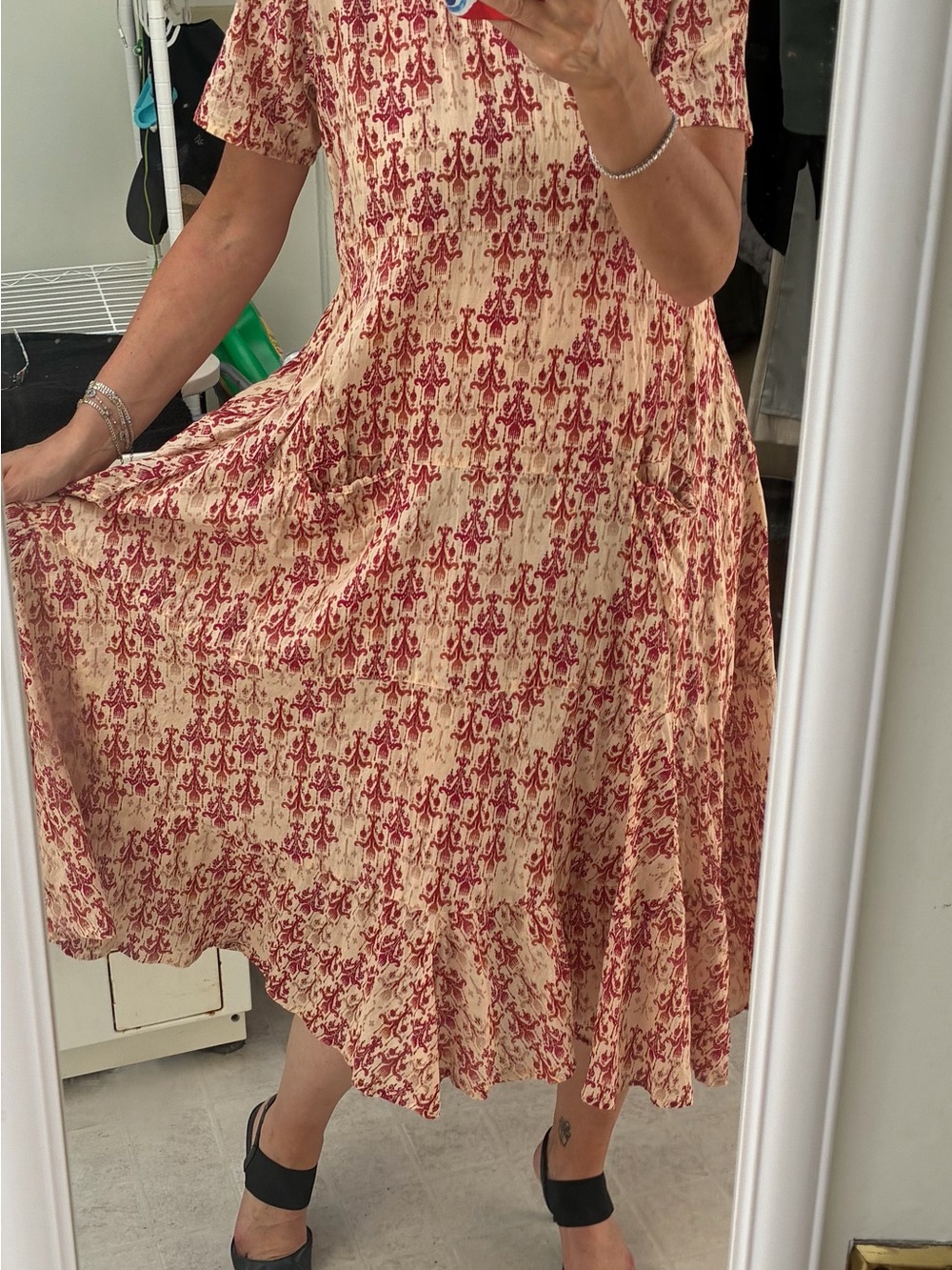 Cream Midi dress with burgundy Floral Print (pockets)
